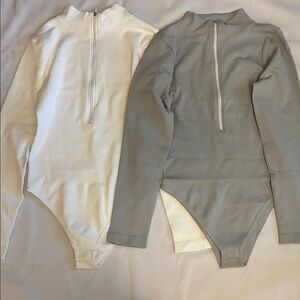 Ribbed Long Sleeve Bodysuit 2 Piece Bundle Grey / White Women Size L NWOT